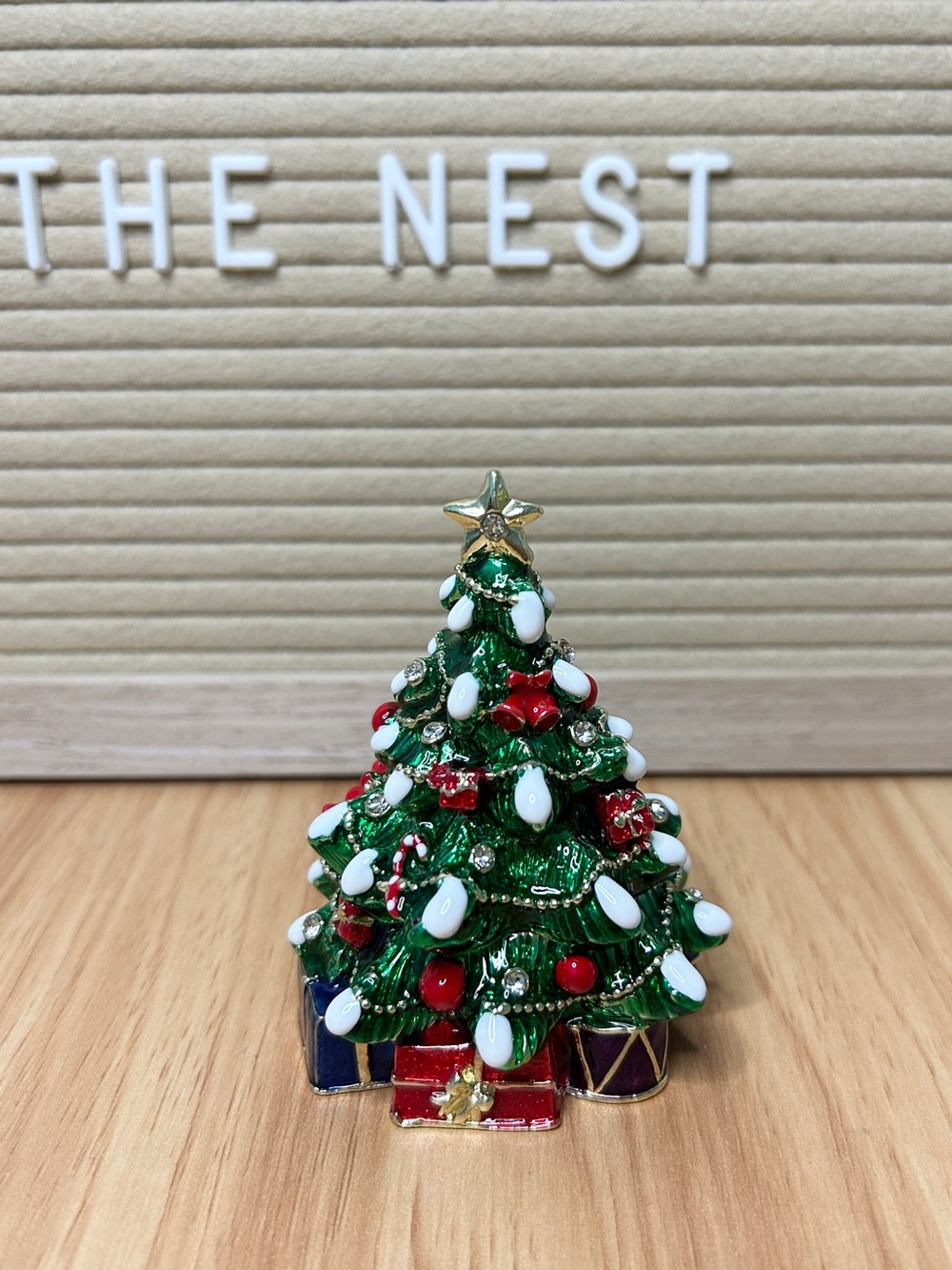 Christmas Tree Hinged Enamel Trinket Jewelry Box Rhinestone Holiday Decor